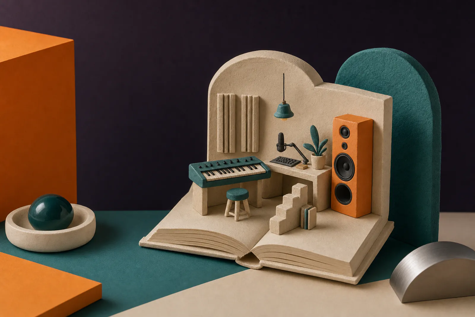 Illustration: an open cream paper book with a small clay studio rising from its pages, an orange speaker and a teal keyboard.