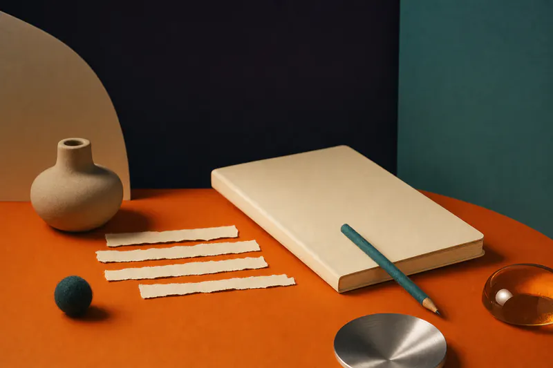 Illustration: a cream paper notebook, a teal felt pencil and torn paper lines arranged in verses on an orange field.