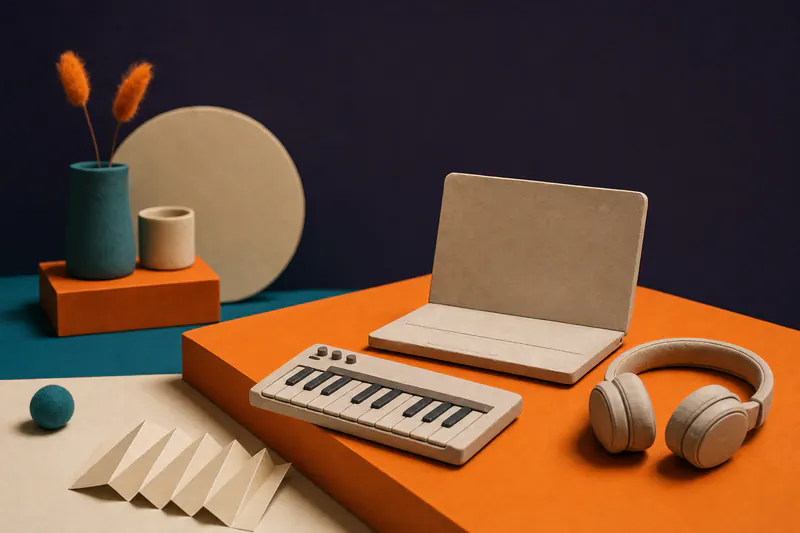 Illustration: a tidy beginner desk in clay: a small keyboard, headphones and a laptop shape without a screen on orange and teal blocks.
