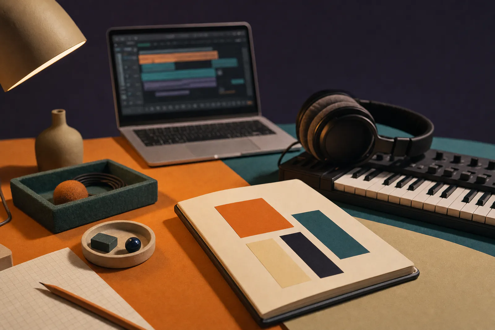Notebook bar map beside laptop and MIDI keyboard