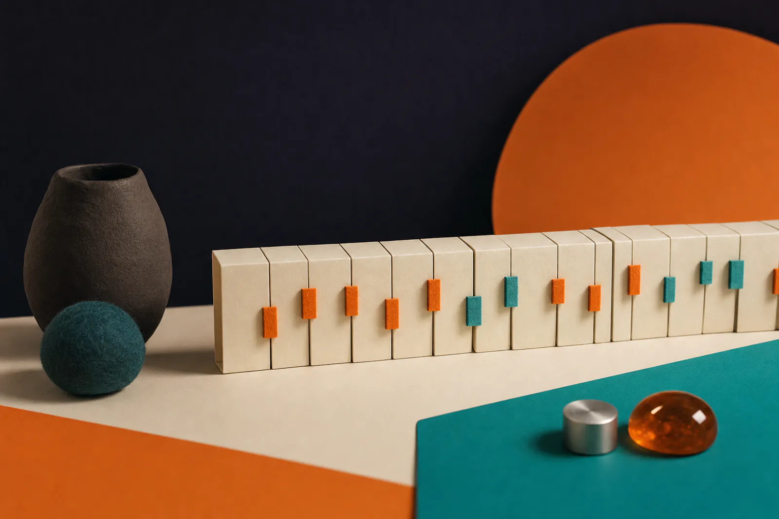 Illustration: a row of cream paper blocks arranged like a piano roll timeline with orange and teal markers.