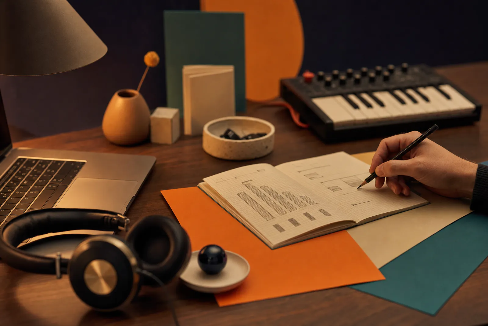Notebook with song section blocks beside studio headphones
