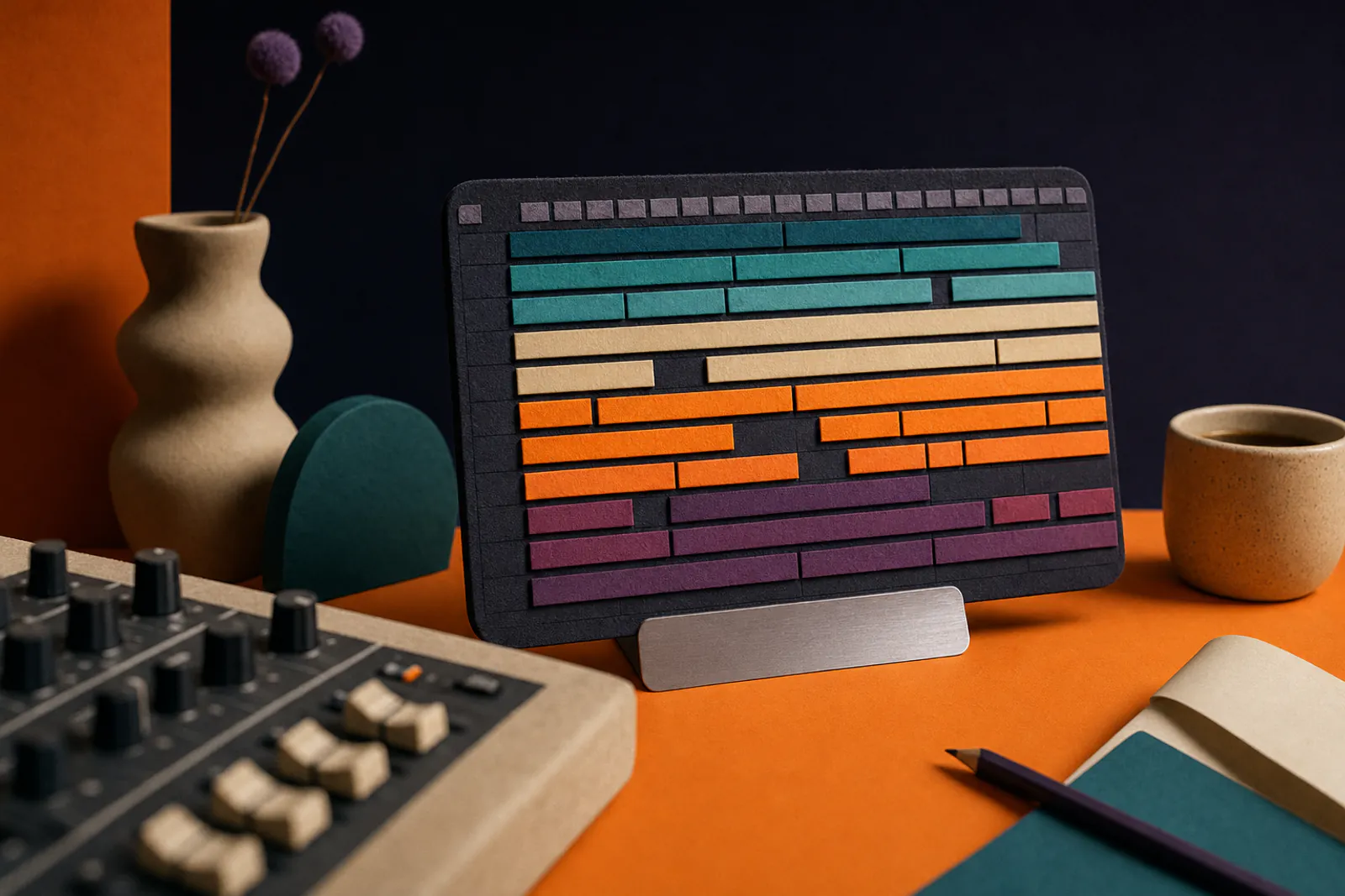 Abstract DAW energy blocks on a warm studio desk