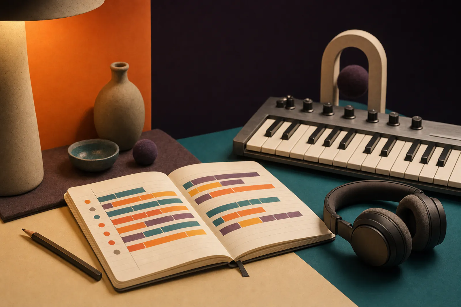 Notebook and MIDI keyboard set up for planning song sections