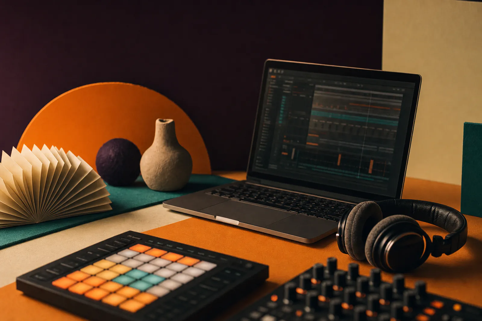 Laptop and headphones in a warm electronic music workspace