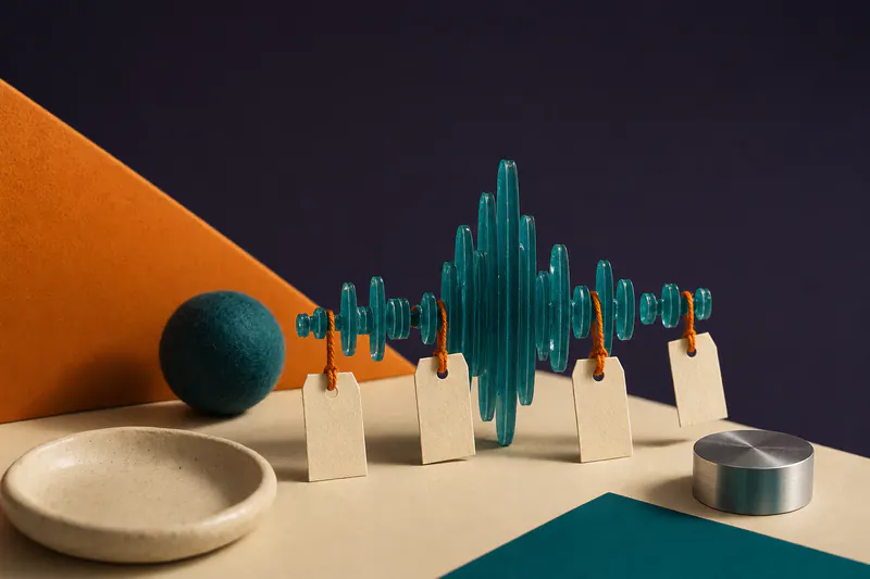 Illustration: small cream paper tags tied with orange string to segments of a teal resin sound wave.
