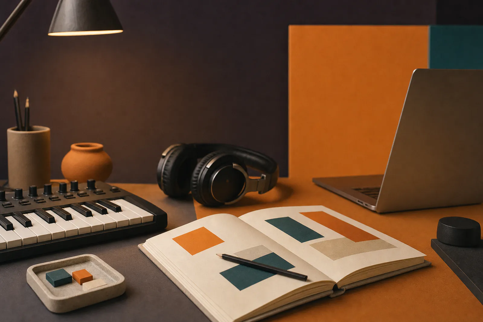 Notebook, keyboard, and headphones arranged for prompt writing