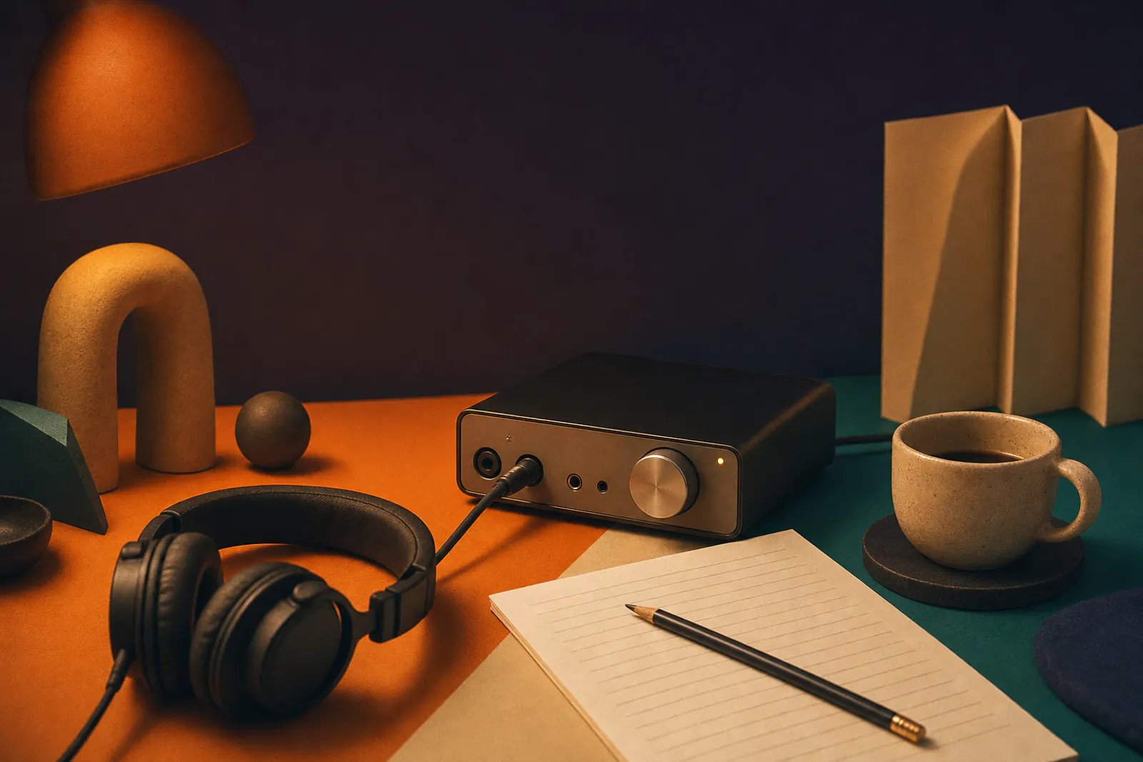 Late-night production desk with notes and headphones