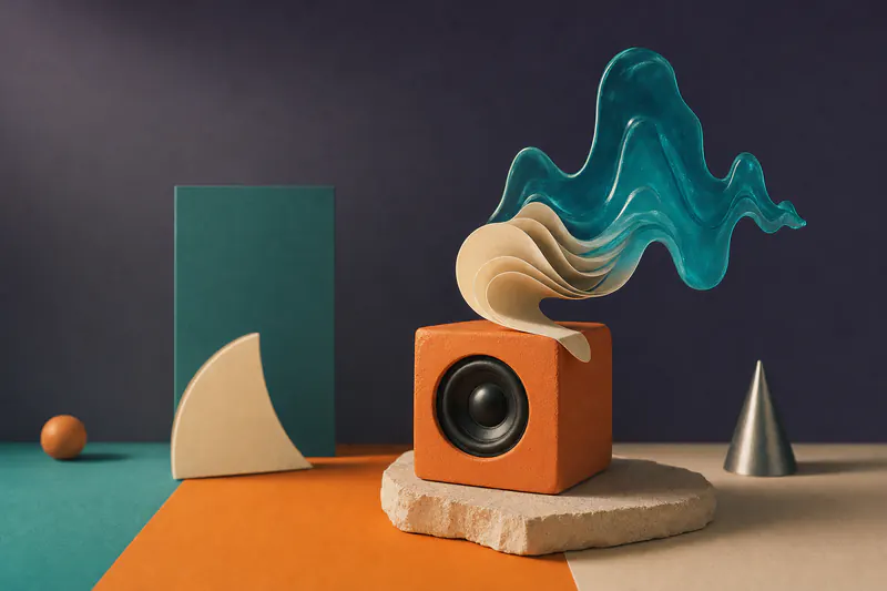 Illustration: folded cream paper strips flowing into a teal resin sound wave above a tangerine clay speaker.