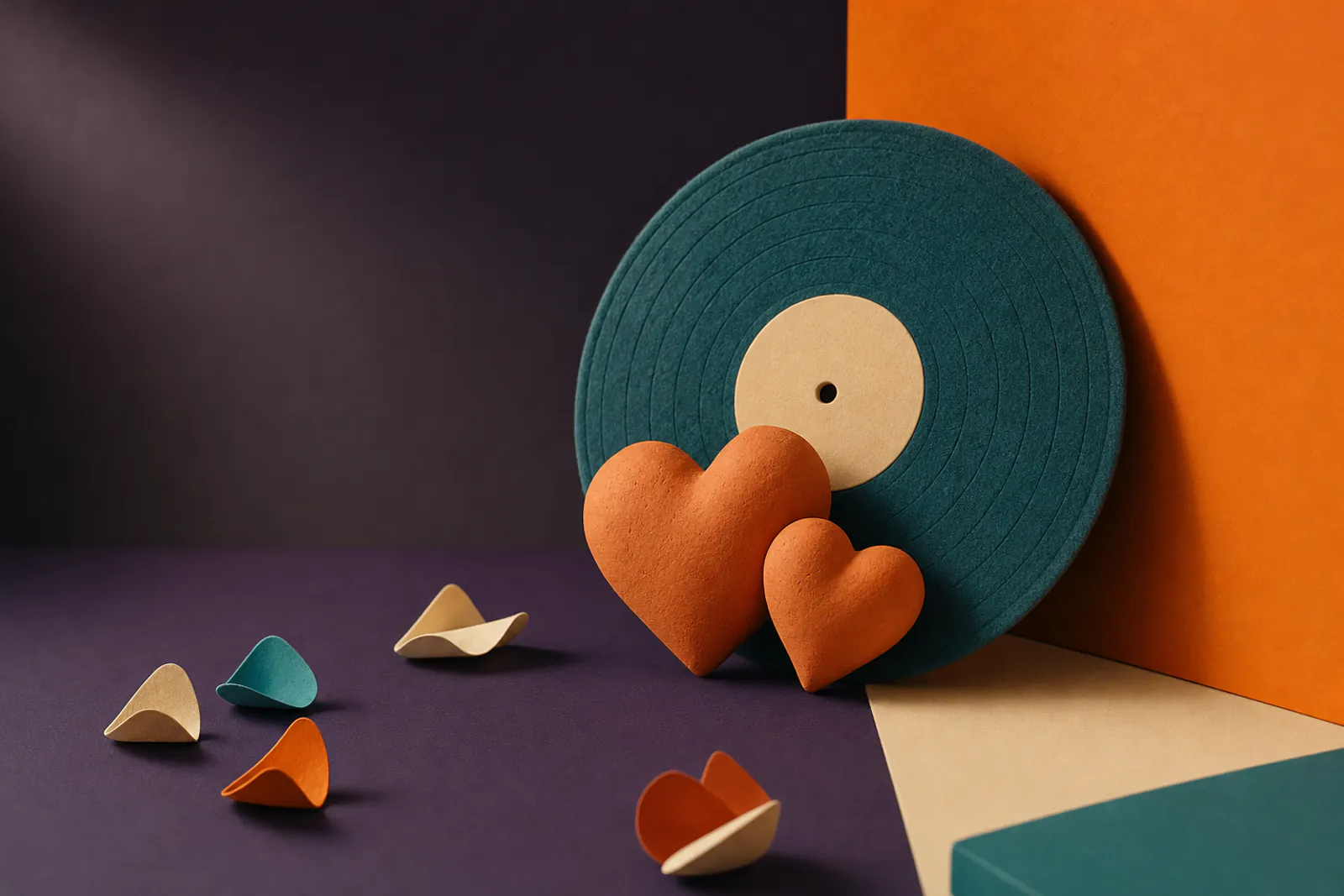 Illustration: two orange clay hearts resting against a teal felt vinyl record, folded paper petals scattered on a violet field.