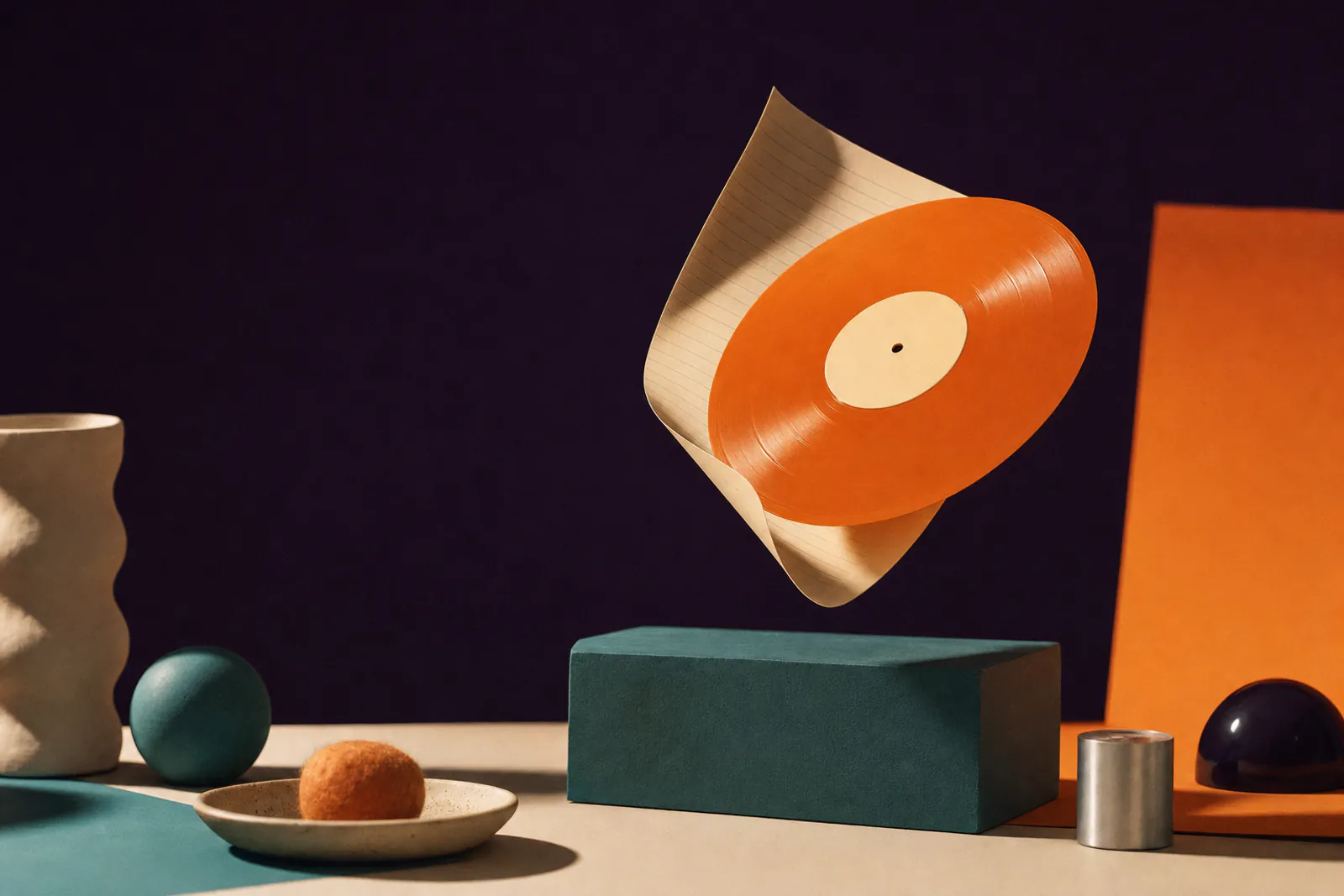 Illustration: a paper notebook page curling into a glossy orange vinyl record that floats above a teal block.