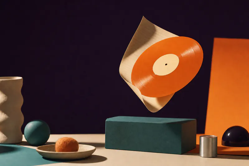 Illustration: a paper notebook page curling into a glossy orange vinyl record that floats above a teal block.
