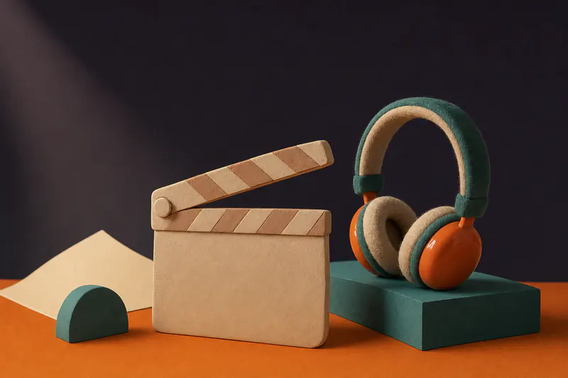 Illustration: a clay film clapperboard without markings beside a felt headphone set on overlapping orange and teal blocks.