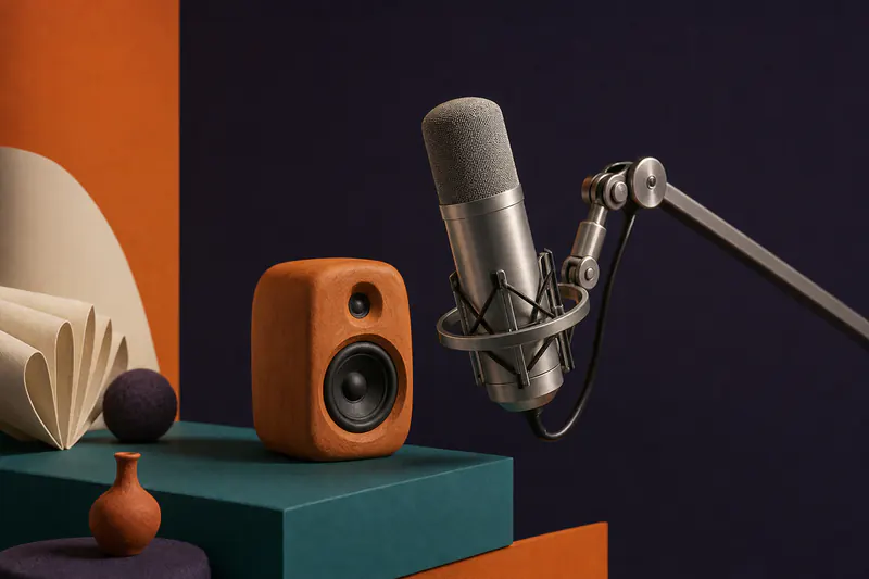 Illustration: a brushed aluminium broadcast microphone on a boom arm next to a small orange clay speaker on a teal desk block.