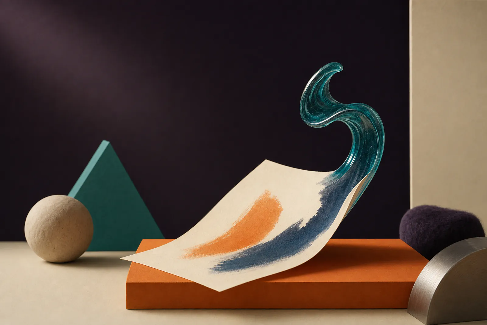 Illustration: a single sheet of cream paper with soft brush strokes, its corner lifting into a teal resin sound wave above an orange plinth.