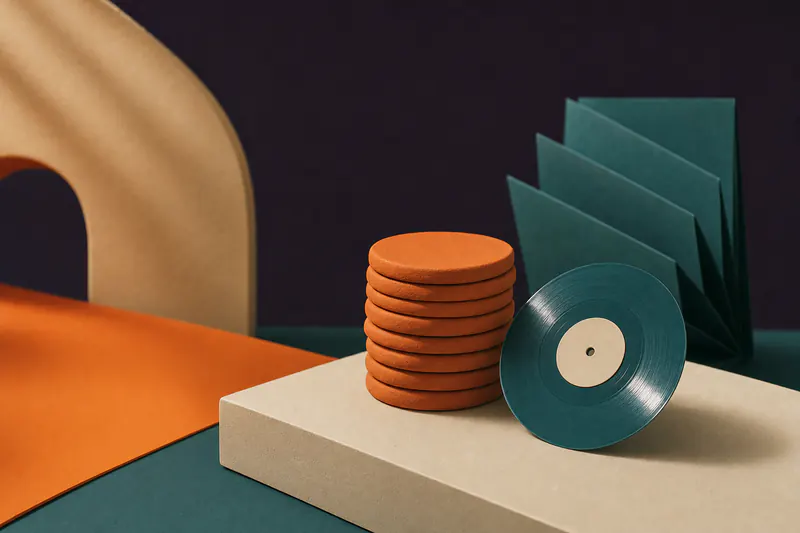 Illustration: a neat stack of tangerine clay tokens next to a small teal vinyl record on a cream plinth.