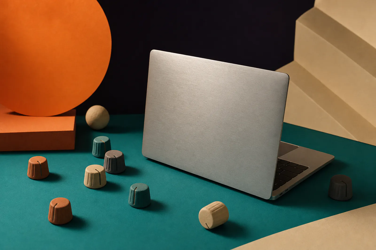 Illustration: a brushed aluminium laptop shape without screen content surrounded by small clay plug-in knobs on a teal field.