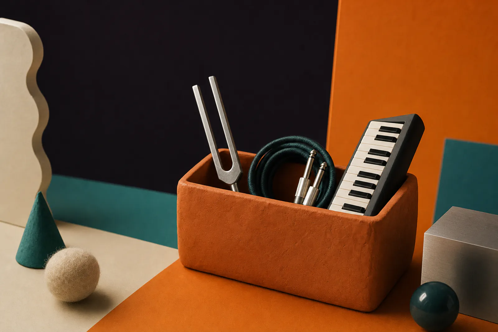 Illustration: a neat toolbox made of orange clay holding small instrument tools: a tuning fork, a cable and a tiny keyboard.
