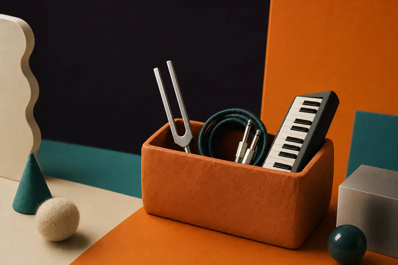 Illustration: a neat toolbox made of orange clay holding small instrument tools: a tuning fork, a cable and a tiny keyboard.