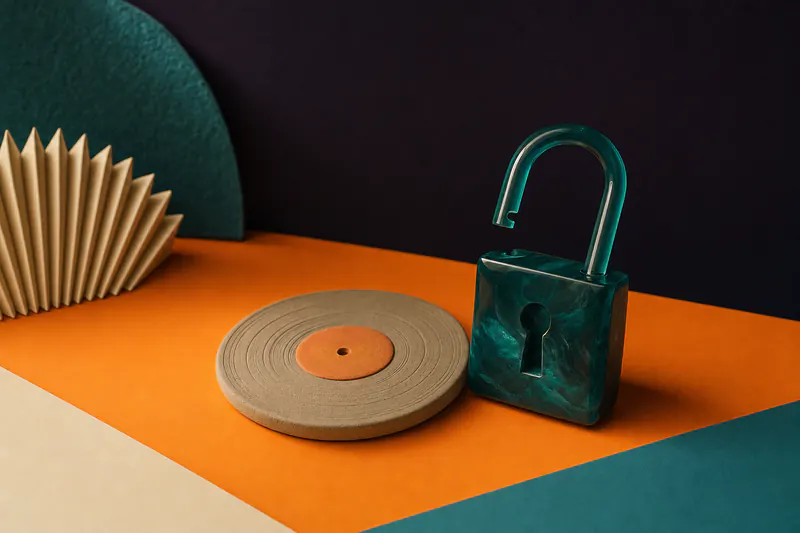 Illustration: an open teal resin padlock beside a clay vinyl record on a tangerine plane, the shackle released.
