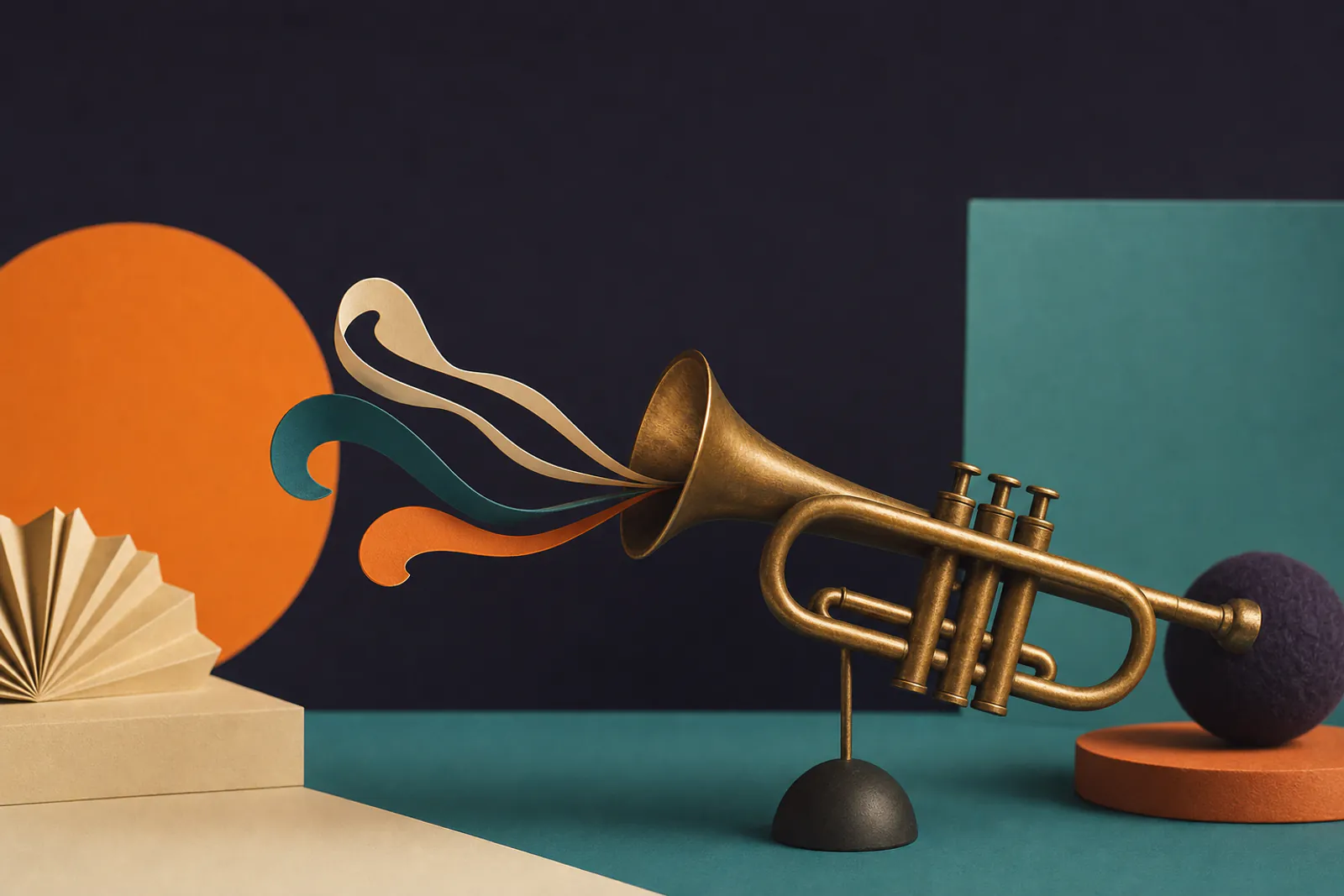 Illustration: a brushed brass trumpet sculpture with paper sound swirls coming from the bell on a teal field.