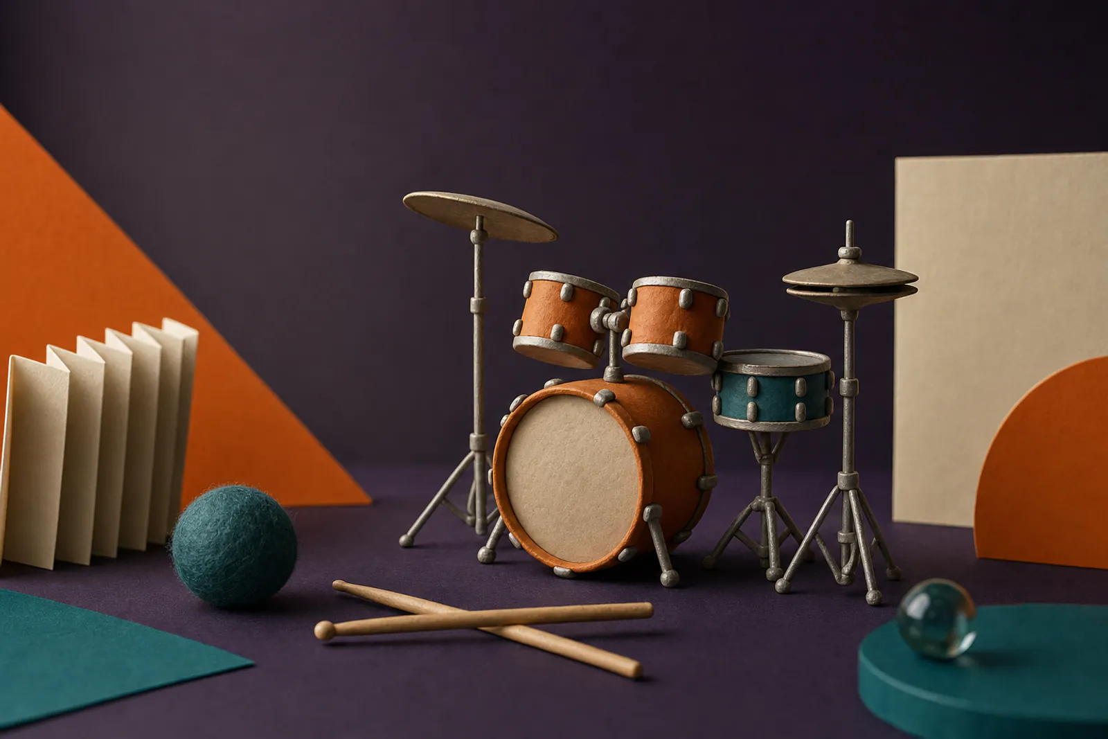 Illustration: a clay drum kit in miniature with a teal snare and orange kick on a violet field, sticks crossed in front.