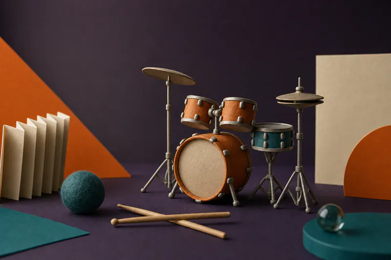 Illustration: a clay drum kit in miniature with a teal snare and orange kick on a violet field, sticks crossed in front.