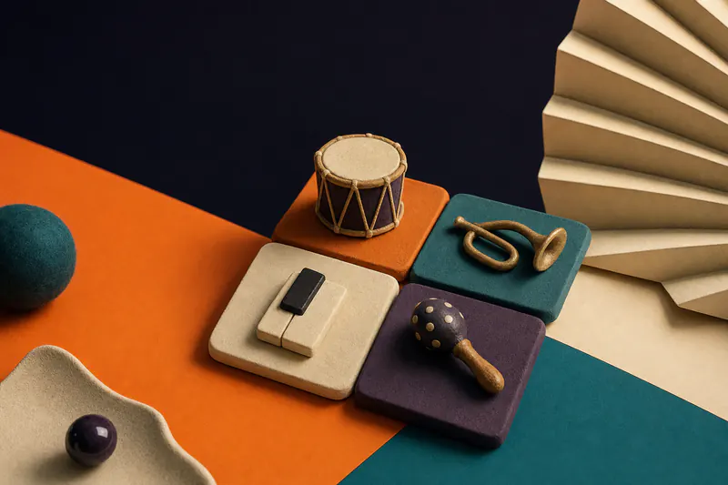 Illustration: a grid of small clay tiles, each holding a tiny instrument: a drum, a horn, a piano key and a shaker.