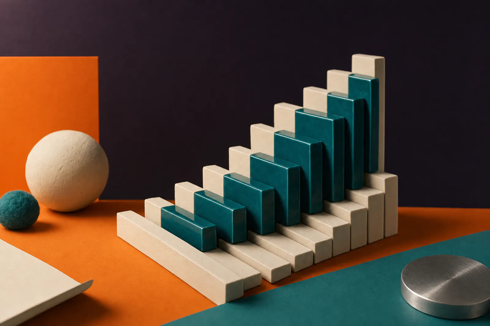 Illustration: a sculptural row of piano keys in cream clay and teal resin rising like steps over an orange plane.