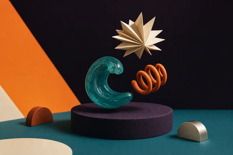 Illustration: a teal resin wave, an orange clay spring and a paper burst shape floating above a violet plinth.
