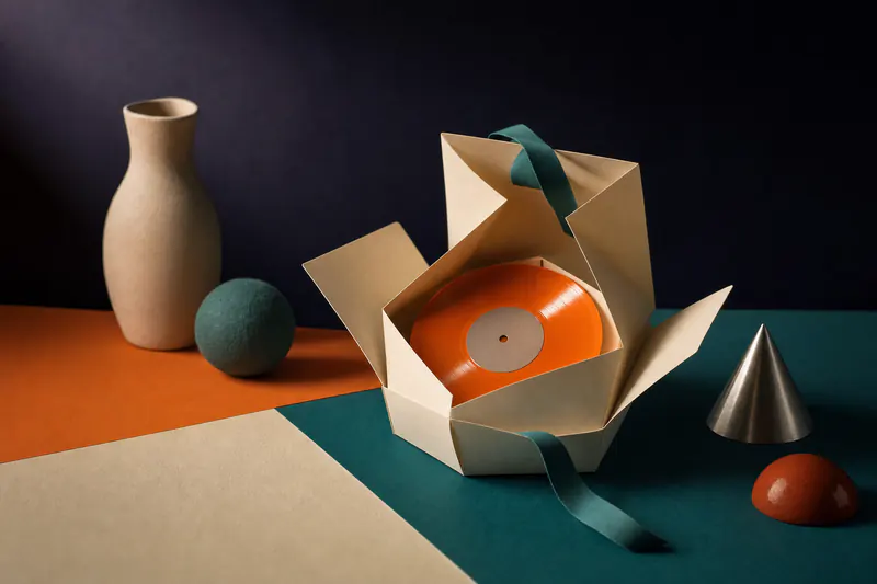 Illustration: a gift box made of folded cream paper opening to reveal a small glossy orange record, teal ribbon trailing out.