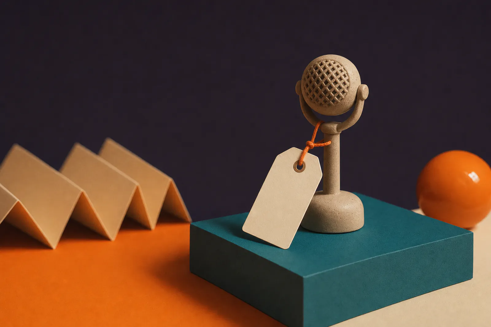 Illustration: a blank cream paper name tag tied with orange string to a small clay microphone on a teal plinth.