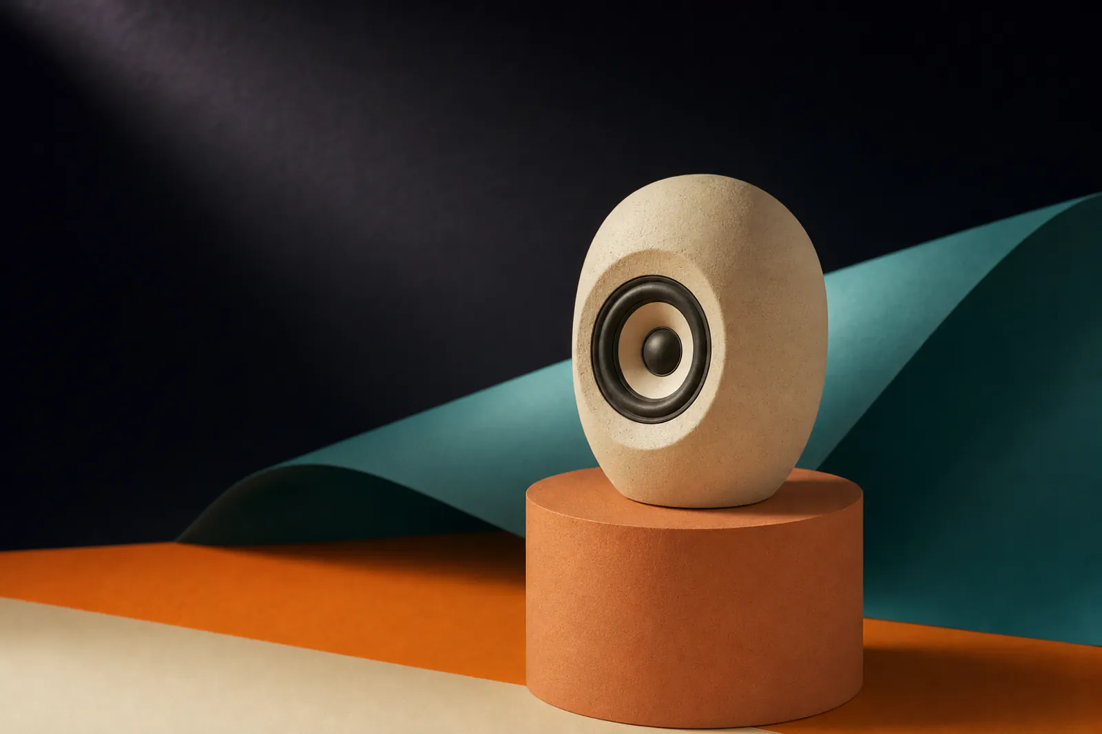 Illustration: a single sculptural cream clay speaker on a pedestal under a spotlight, a teal paper wave behind it.