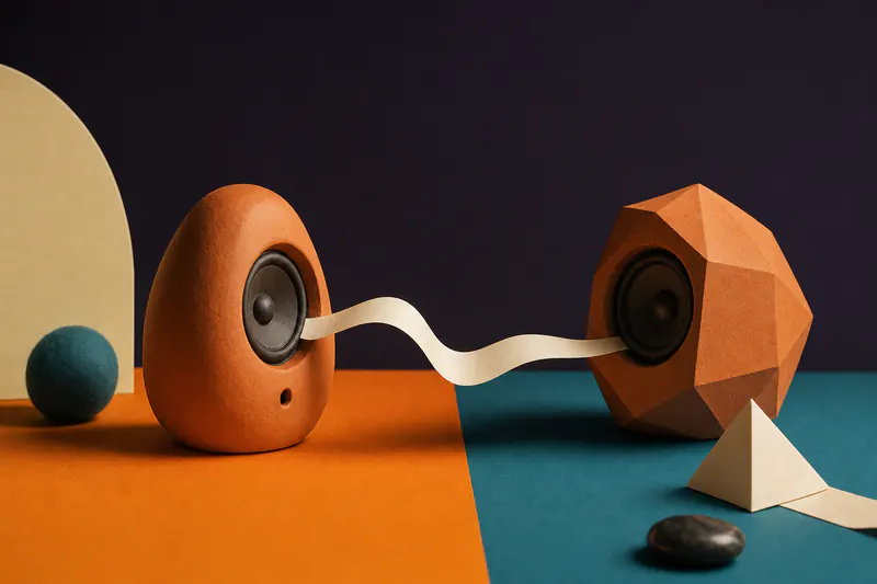 Illustration: two different clay speakers facing each other on a split orange and teal field, a paper sound ribbon passing between.