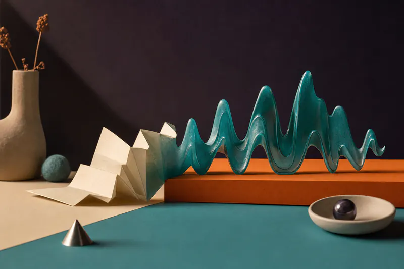 Illustration: a folded cream paper note unfolding into a teal resin sound wave that rises over an orange block.