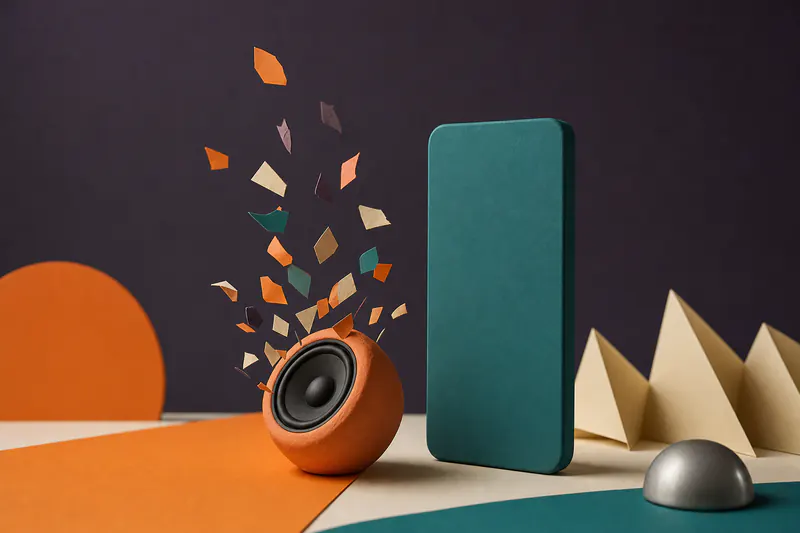 Illustration: a tall vertical teal block like a phone silhouette without screen content, an orange clay speaker bursting paper confetti beside it.