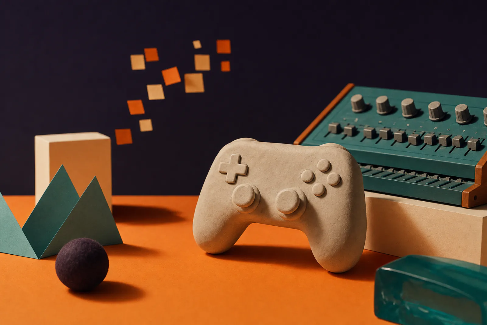 Illustration: a chunky clay game controller without markings beside a teal synth, paper pixels floating on an orange field.