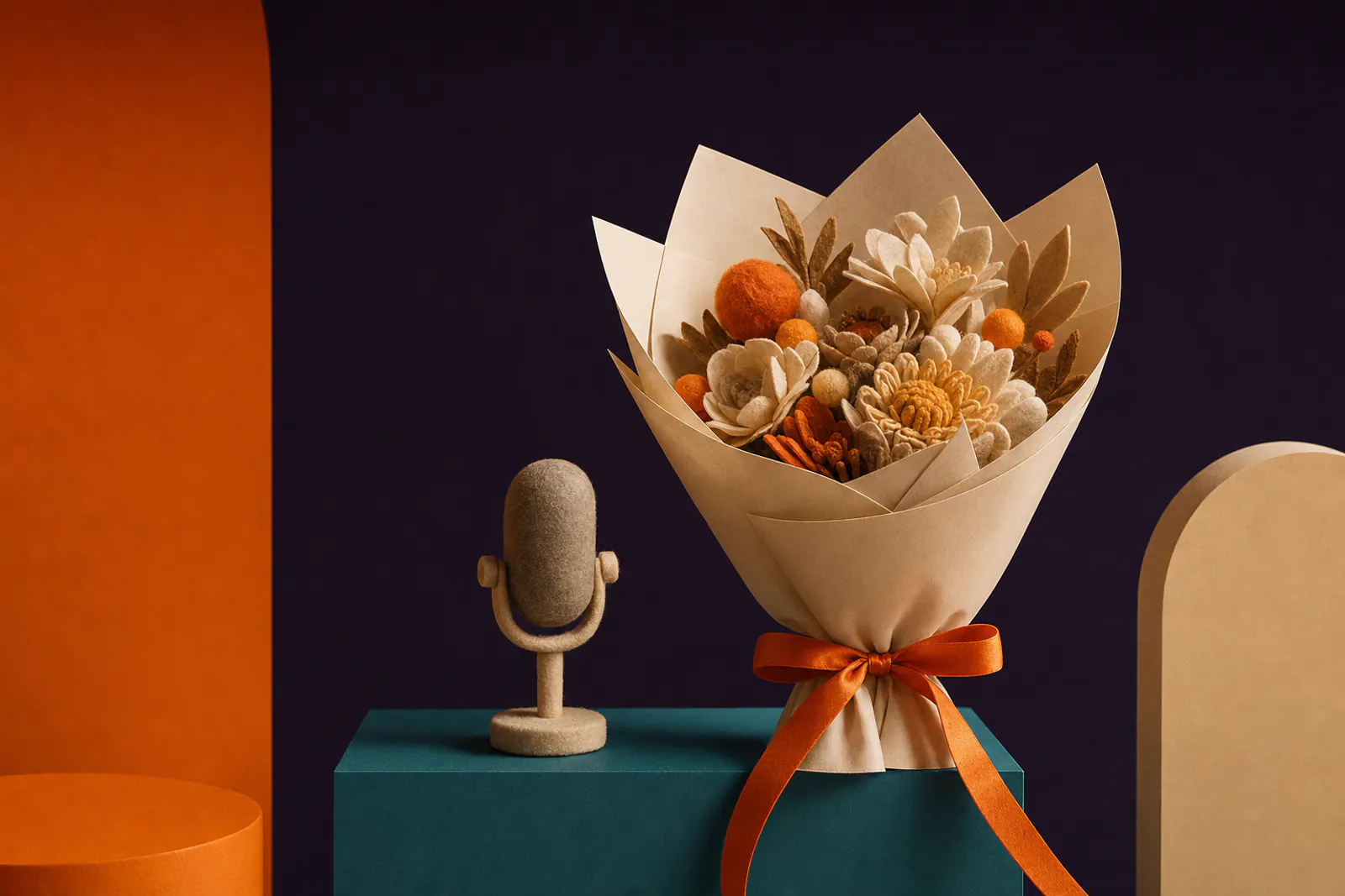 Illustration: a cream paper bouquet tied with orange ribbon beside a small felt microphone on a teal plinth.